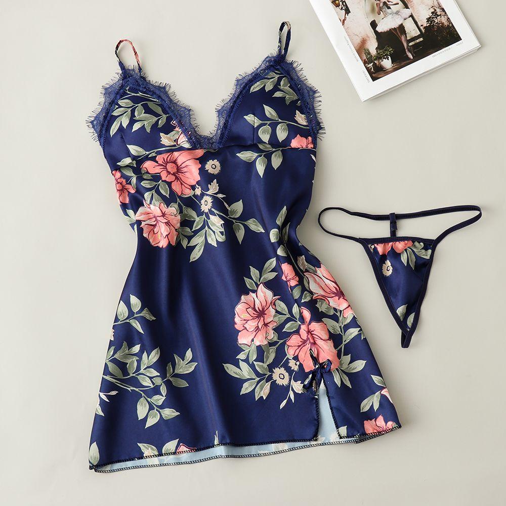 YVE Đồ ngủ Vải Lụa Satin Phối Ren Hoa Có Mút Đệm Ngực Thời Trang Mùa Hè Xinh