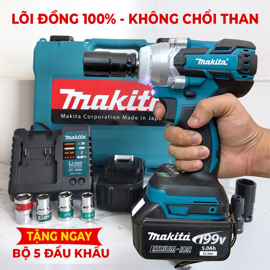 Máy Siết Bulong Makita 199V 2pin - Không Chổi Than - Tặng bộ 5 khẩu + đầu vít - Khoan, Bắn Vít Cầm Tay