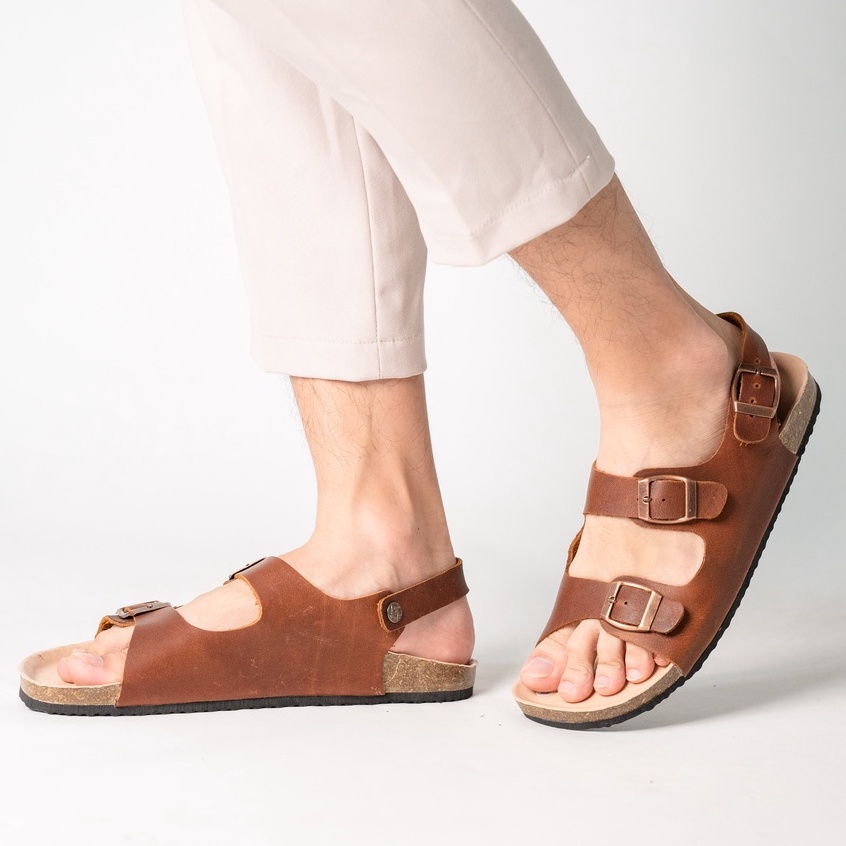 ( Mẫu Da Thật ) D02 - Sandal Birken Đế Trấu BIOLINE Official Thiết Kế Unisex Hai Quai Ngang Da Bò