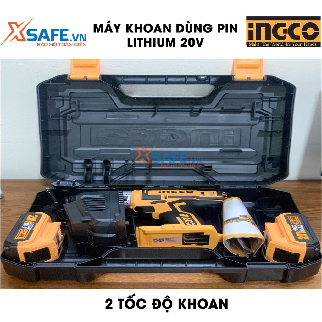 Máy khoan búa dùng Pin Lithium 20V INGCO CDLI200215 Kèm 2 pin 1 sạc, hai tốc độ 0-400/min và 0-1500/min - chính hãng