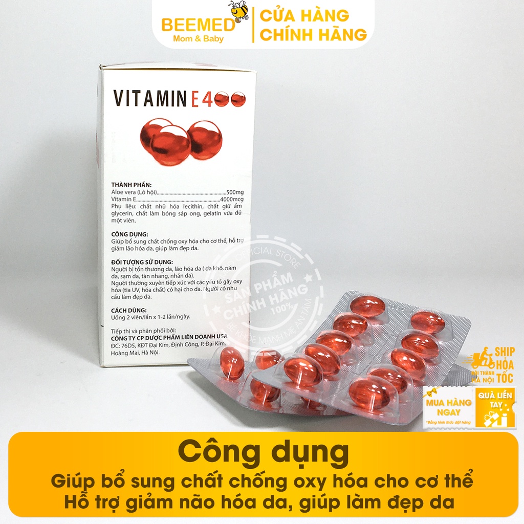 Bổ sung Vitamin E đỏ 400 IU, ngăn ngừa lão hóa, hỗ trợ làm đẹp da, có thêm lô hội, tương tự E đỏ Nga Hộp 100 viên