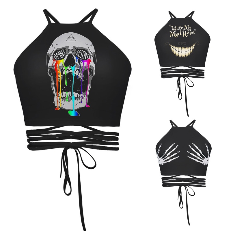Áo croptop hở lưng cột dây in hình bàn tay đầu lâu 3D gợi cảm cho nữ