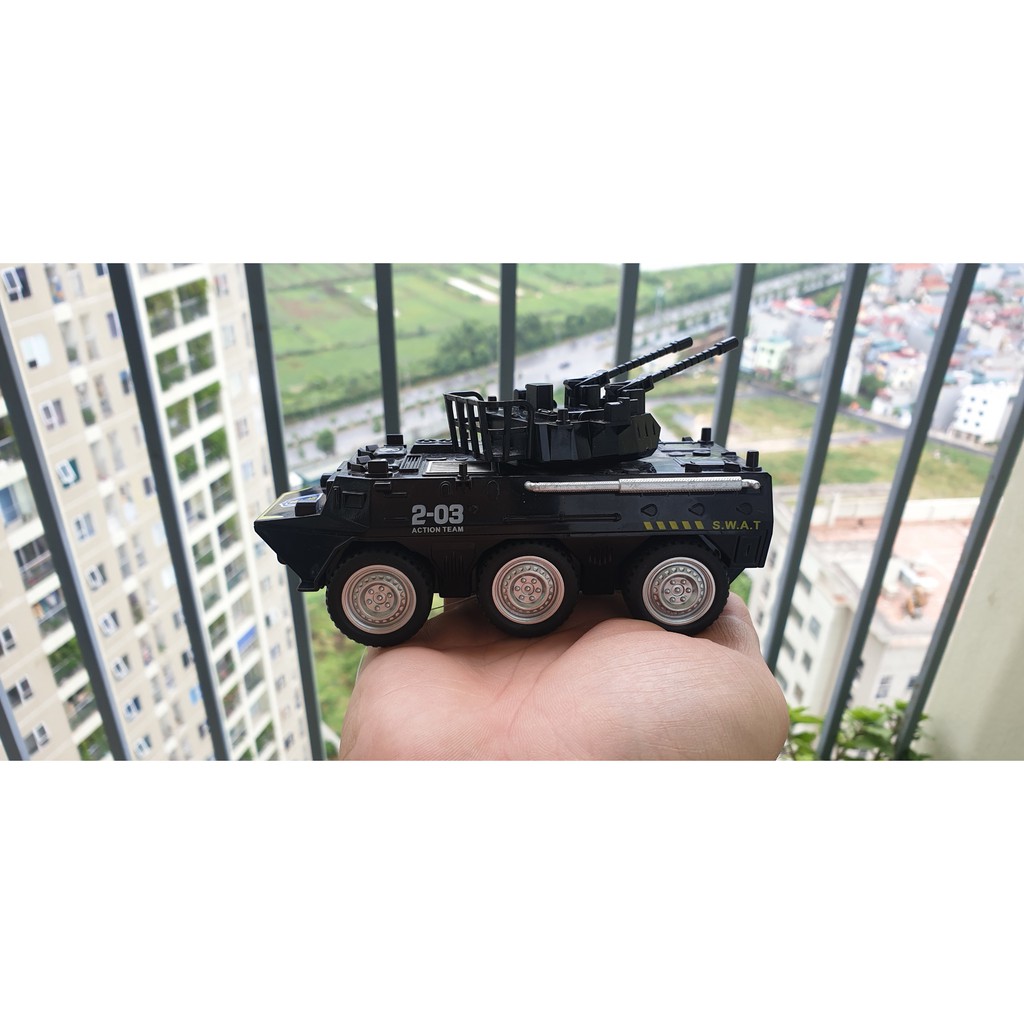 Xe đồ chơi mô hình xe cảnh sát bọc thép 2 nòng súng di chuyển được, nhựa ABS an toàn, chi tiết sắc sảo