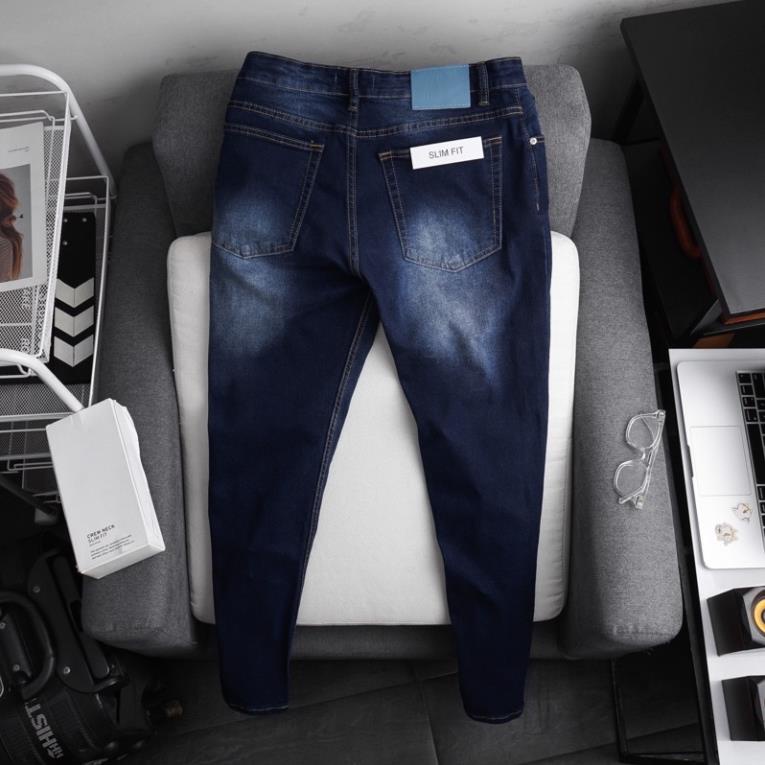 Quần jean nam xanh slimfit trơn không rách gối chất bò cao cấp co dãn 4 chiều rmt08