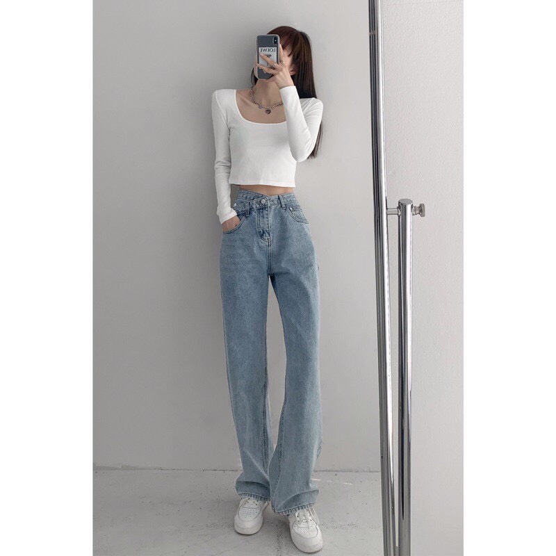 Quần jean ống rộng cạp cao đai chéo cá tính