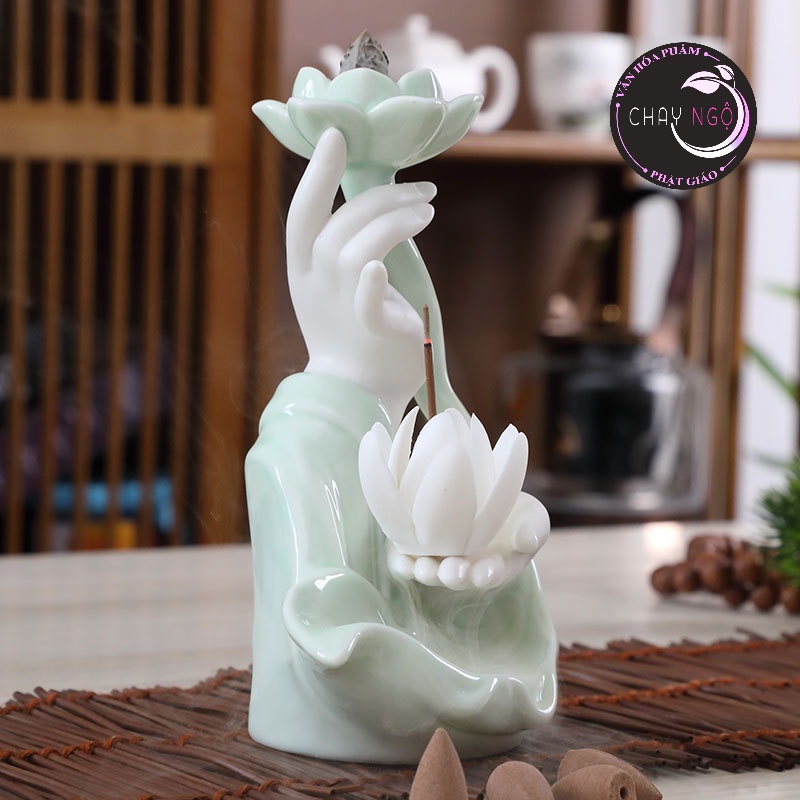 Thác khói Trầm Hương Bàn Tay Phật Cao Cấp - Thủ Ấn Tránh Ác Tarjani Mudra Hoa Sen - Cầm Sen Sứ Trắng Xanh Sen