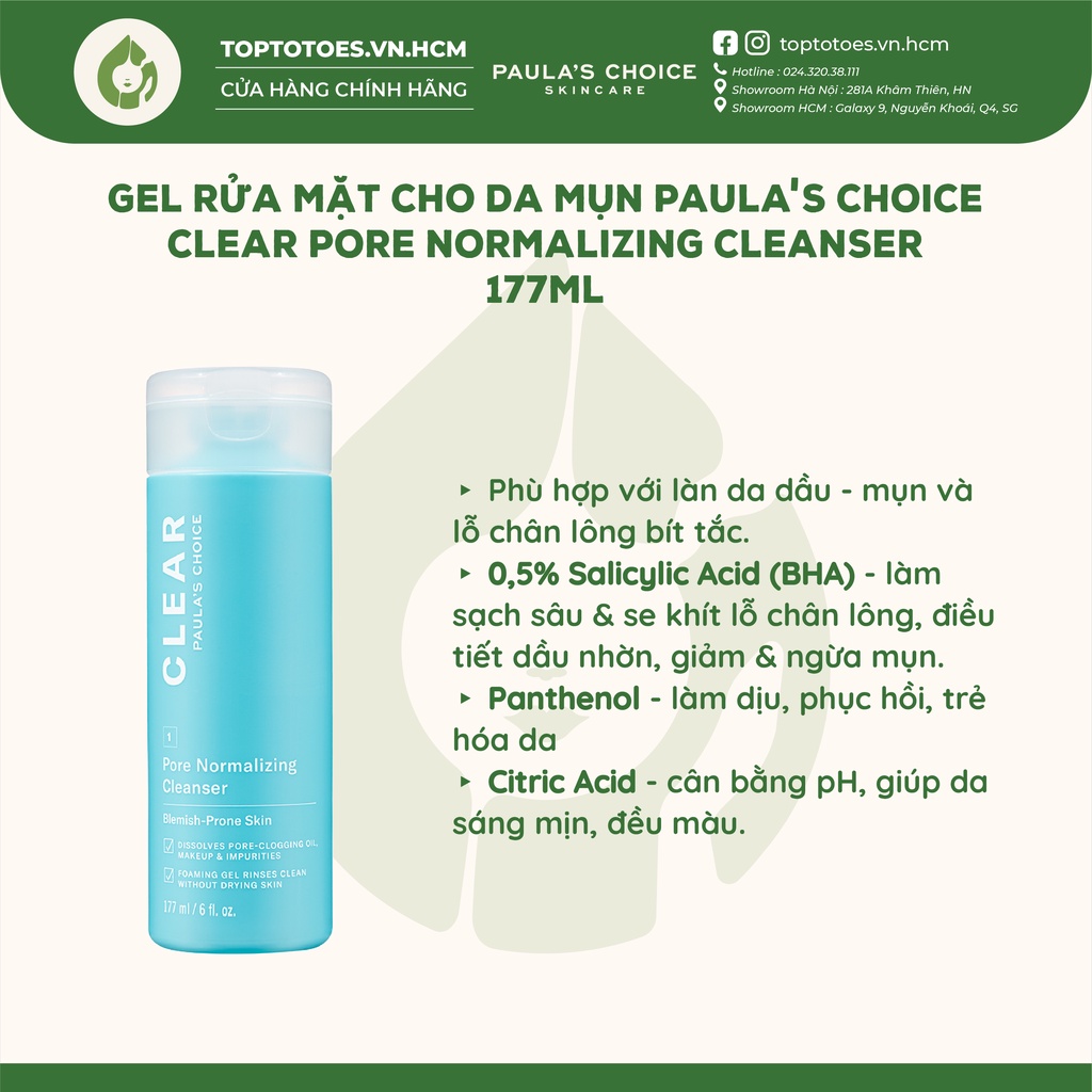 Gel rửa mặt ngừa mụn và se khít lỗ chân lông Paula's Choice Clear Pore Normalizing Cleanser 177ml [NK CHÍNH HÃNG]