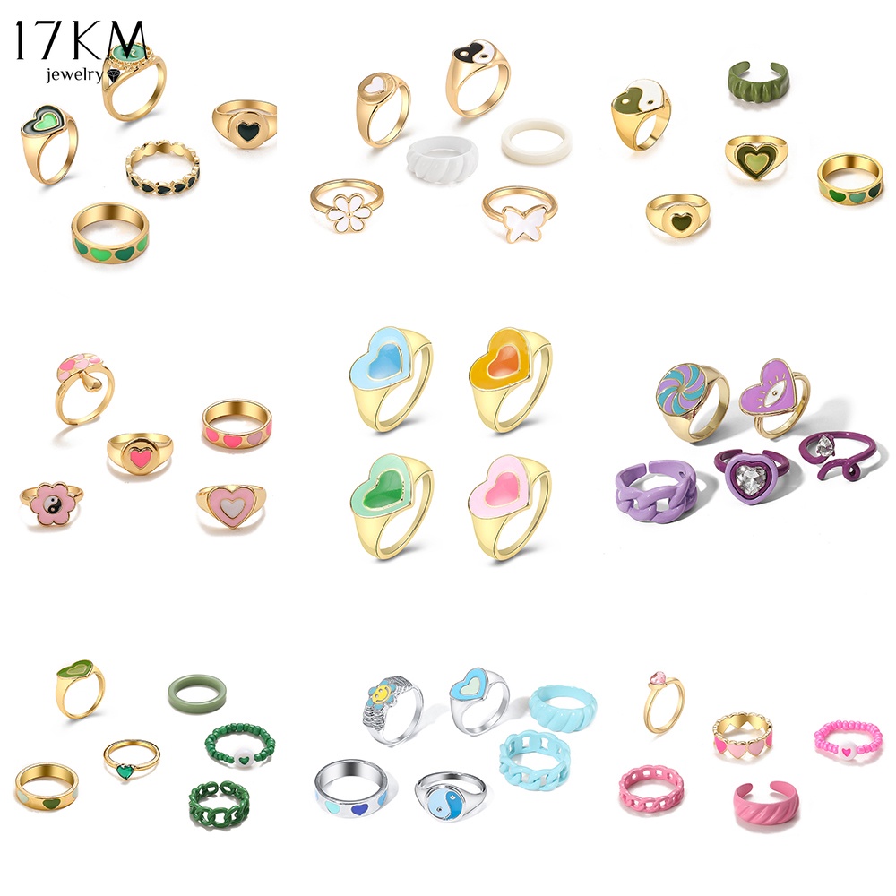 Bộ nhẫn 17KM khoét rỗng họa tiết trái tim / thái cực quyền phủ dầu đính đá pha lê nhiều màu sắc tùy chọn