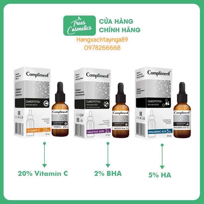 Tinh chất serum Compliment 20% vitamin C, 2%BHA, 5% Hyaluronic giữ ẩm, giảm mụn, Trắng da
