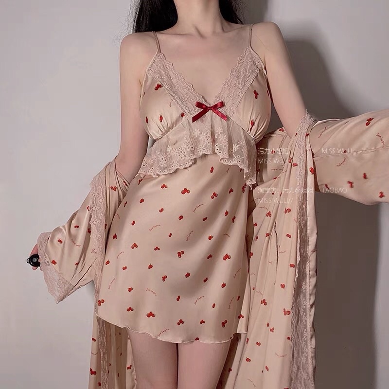 Sét váy ngủ kèm choàng có mút ngực sexy cao cấp Đầm mặc nhà sang chảnh dễ thương