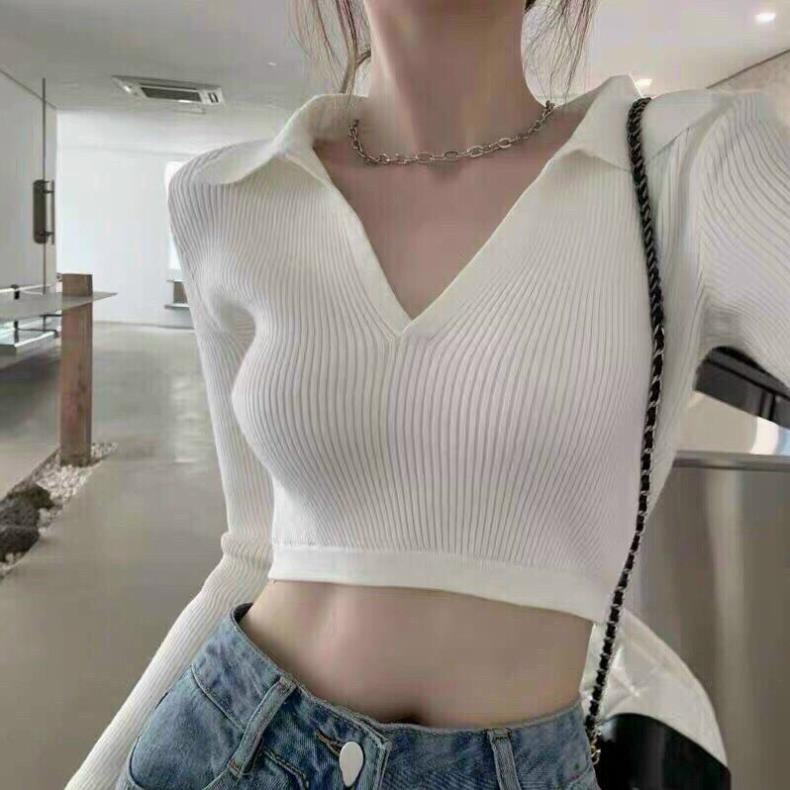 [Ảnh Thật] Áo Croptop Nữ Korea Cao Cấp Mềm Mịn Mát Cổ V Kiểu Tay Dài Ôm Body Thoải Mái Mới  ྇