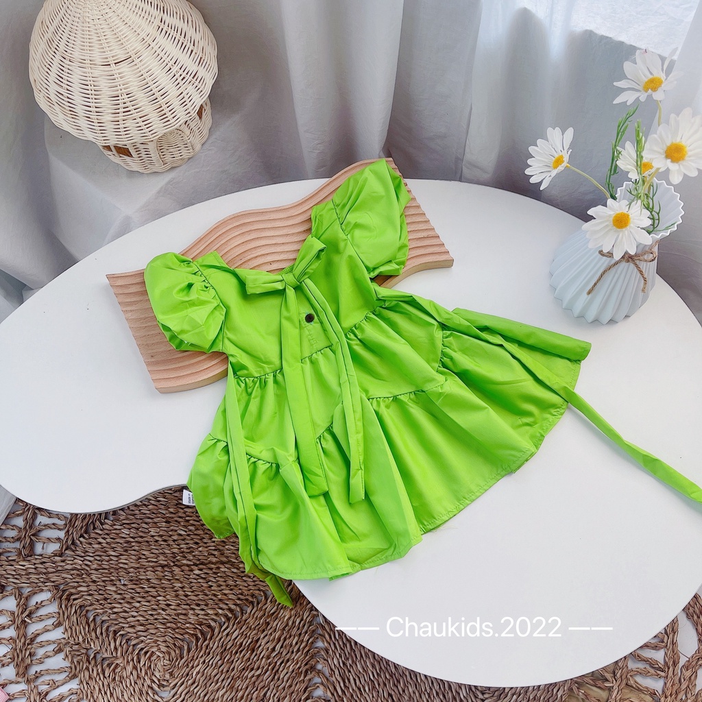 Váy xòe tầng bé gái, cặp váy thô tay bồng giả 3 tầng màu vàng cam- xanh cốm siêu hot cho bé