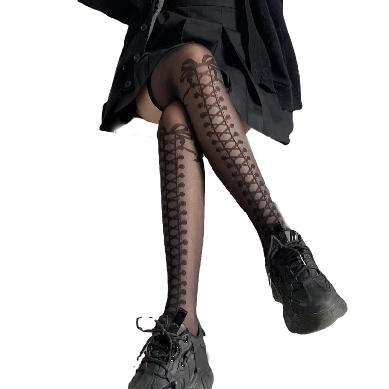 XIXI Tất Đen Dài Qua Gối Thắt Nơ Phong Cách Gothic Lolita Cho Nữ