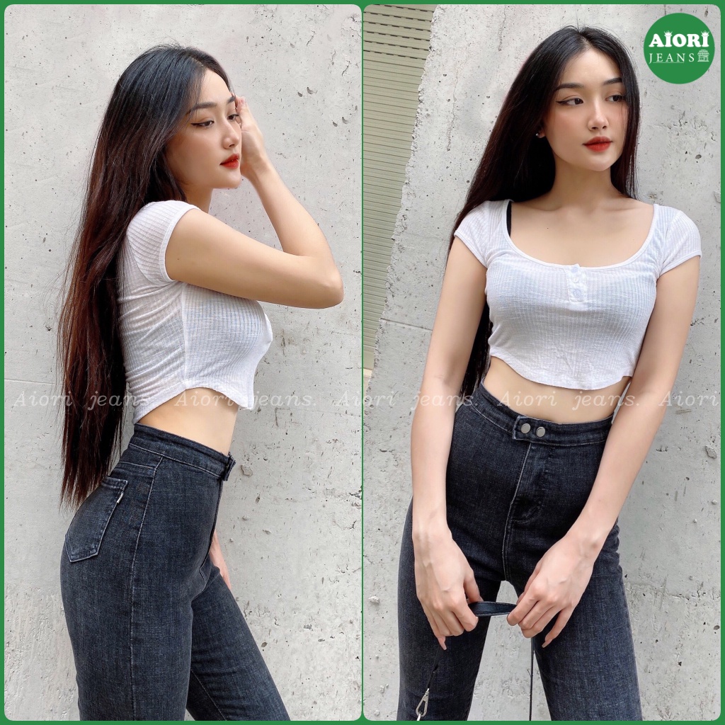 [SIÊU CO GIÃN]Quần Jeans Nữ AIORI dài lưng cao không túi 2 nút bấm 4 màu bò trơn skinny jeans ôm tôn dáng co giãn tốt
