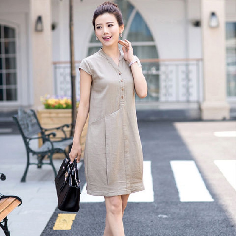 Đầm suông linen cổ tàu túi bên hông, chất vải linen tự nhiên, thời trang phong cách Hàn