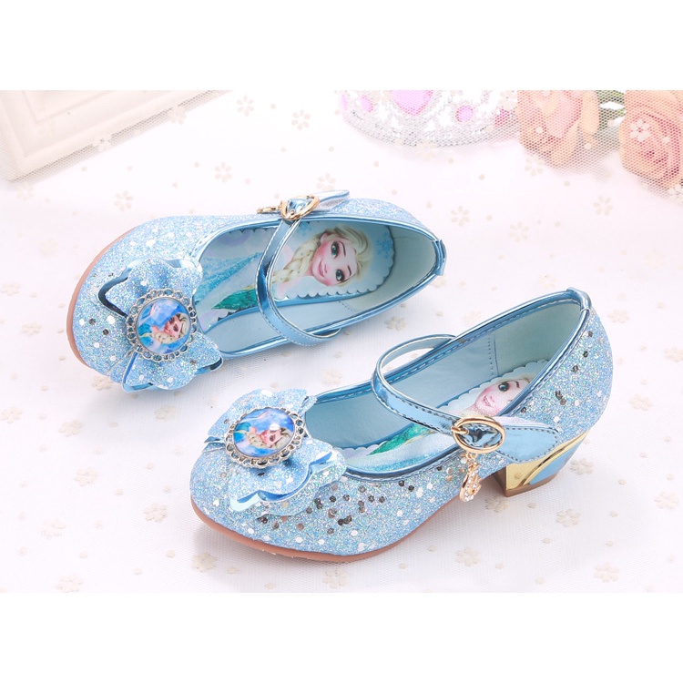 Giày cao gót công chúa Elsa cao 3cm dạng búp bê có đế cao su mềm da PU đính kim tuyến lung linh