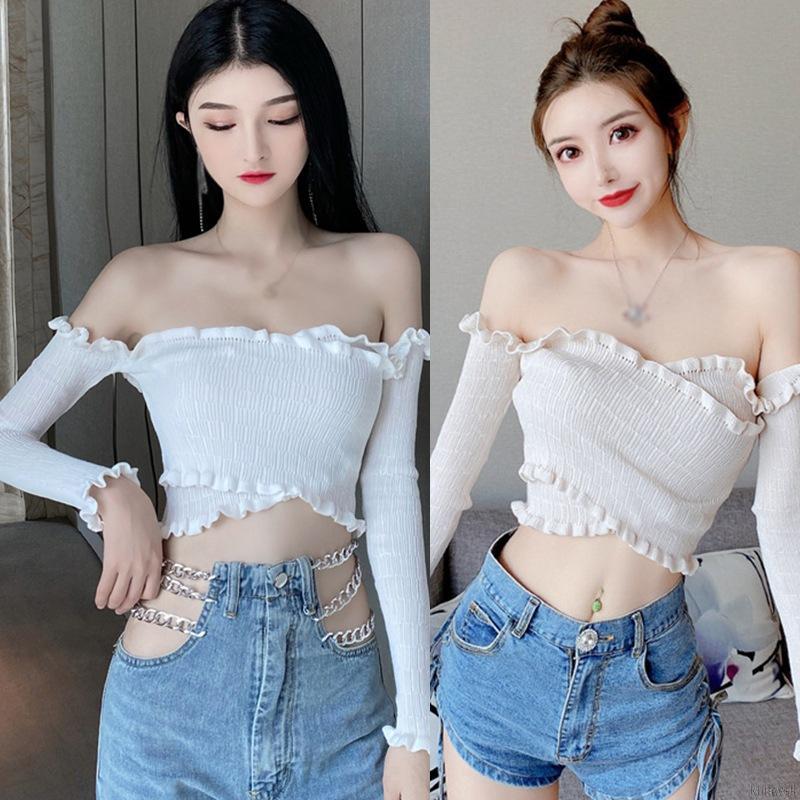 Áo kiểu crop top dệt kim tay dài trễ vai ôm dáng quyến rũ dành cho nữ