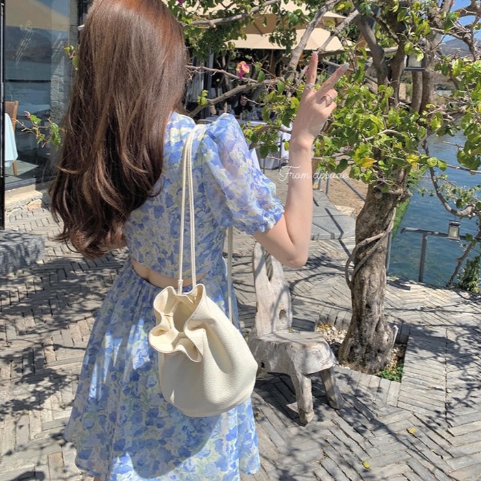 Đầm Chữ A Tay Ngắn Họa Tiết Hoa Xanh Dương 50312