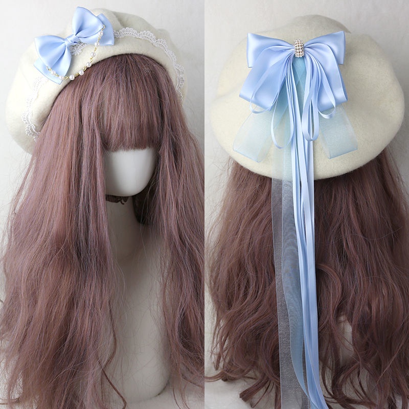 Mũ beret Vải Len Thủ Công Phối Ren Thắt Nơ Trái Tim Ngọt Ngào Kiểu lolita Nhật Bản Thời Trang Thu Đông Cho Nữ