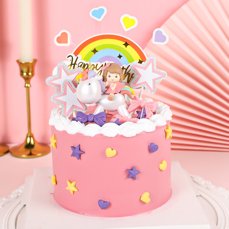 Thẻ Trang Trí Bánh Kem Hình Kỳ Lân / Ngôi Sao / Mặt Trăng / Cầu Vồng Ba Lớp