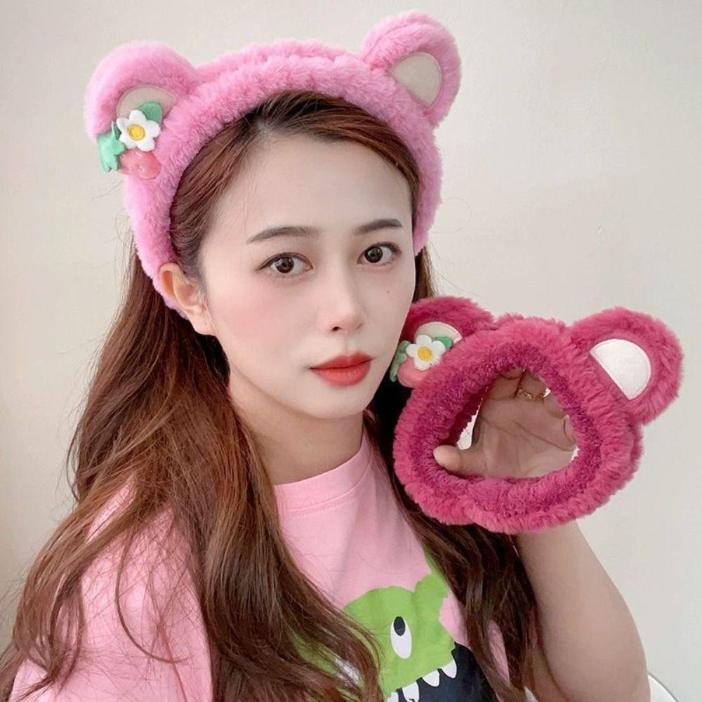 Băng đô cài tóc rửa mặt Hình Gấu / Dâu Tây Bằng Lông Nhung Dễ Thương Xinh Xắn