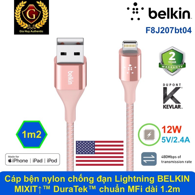 Cáp sạc iPhone, iPad bện nylon chống đạn BELKIN F8J207bt04 MIXIT↑™ DuraTek™ USB-A ra Lightning chuẩn MFi 12W dài 1.2m