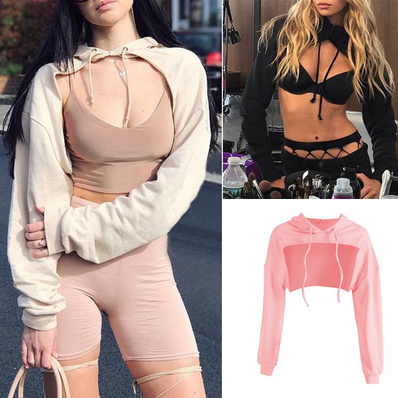 Sweet🎀Áo croptop hoodie khoét ngực táo bạo dành cho nữ