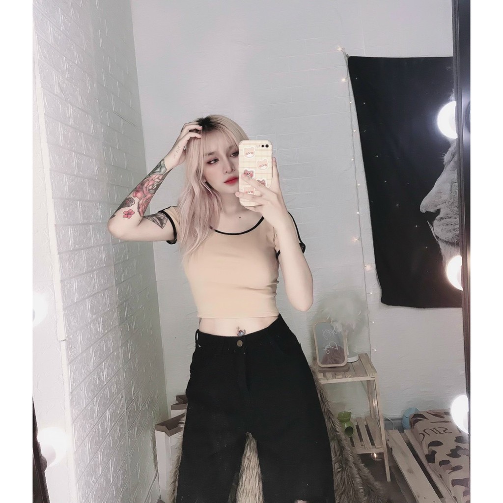 Áo kiểu croptop trơn viền cổ tay màu cực xinh , chất thun bozip mềm mịn ( ảnh thật )