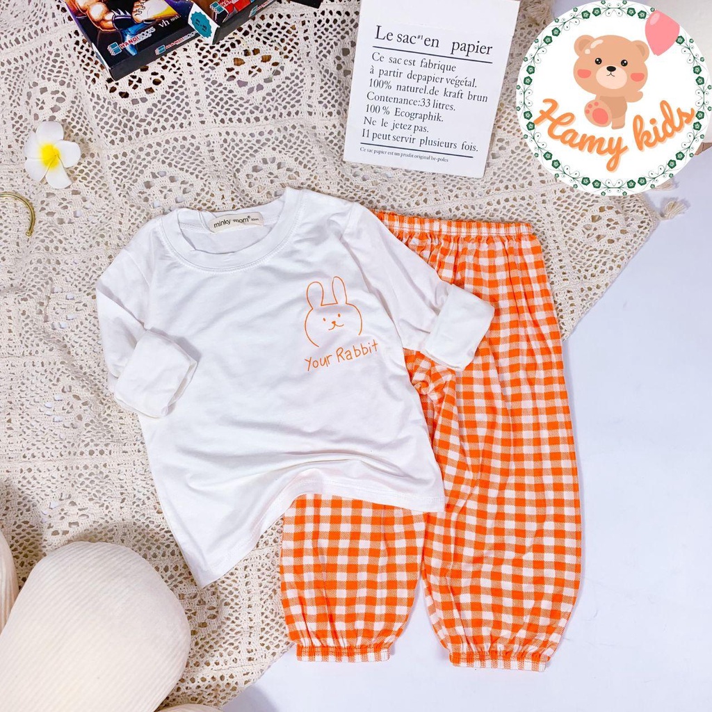 Bộ Dài Tay Quần ALibaba Minky Mom Chính Hãng Thun Lạnh Áo Trắng Quần Caro Bé Trai Bé Gái Từ 0-5 Tuổi Dưới 20kg- Hamykids