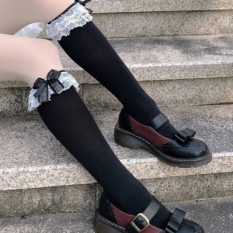 Đôi tất cổ cao qua đầu gối viền ren đính nơ phong cách lolita dễ thương | BigBuy360 - bigbuy360.vn
