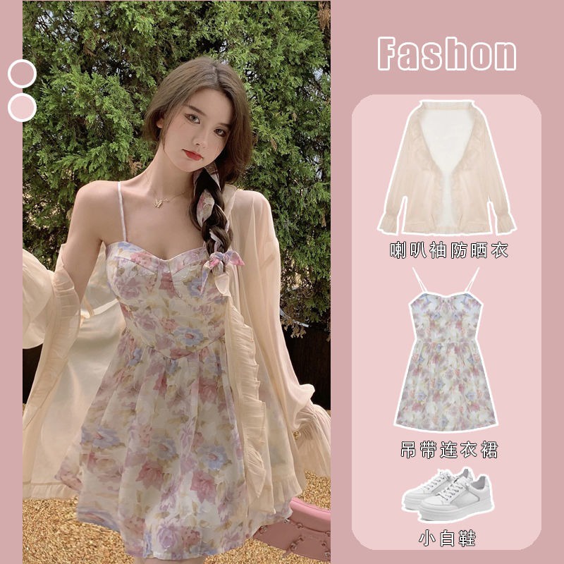 Đầm chiffon hai dây họa tiết hoa/Áo khoác chiffon ZHELIHANGFEI thời trang quyến rũ cho nữ