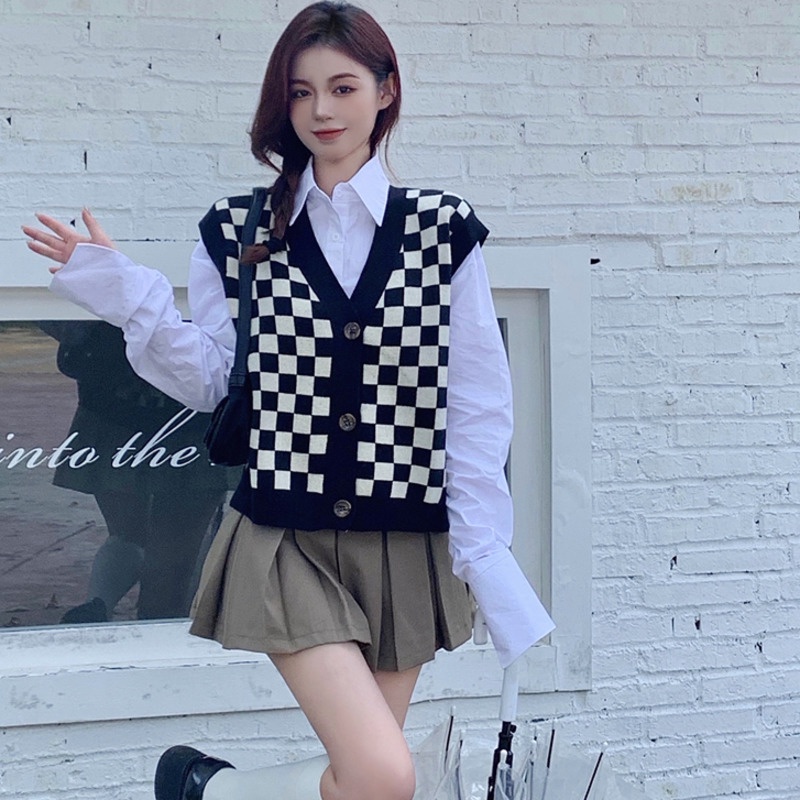 172907 |Màu Đen| Áo Len Không Tay Cổ Chữ V Họa Tiết Sọc Caro Dễ Phối Đồ