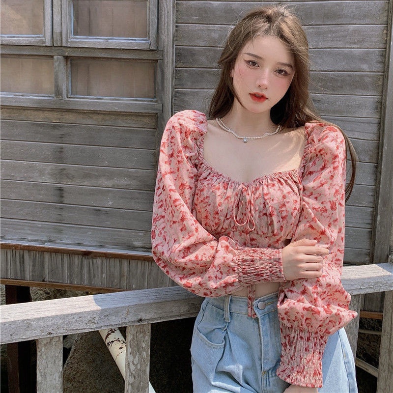 COZOK Áo Voan Hoa Tay Phồng Cổ Vuông Xinh Xắn Dành Cho Nữ