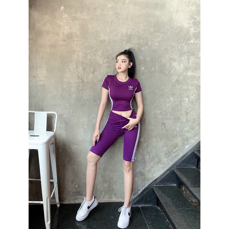 Set bộ đồ tập gym yoga nữ áo crop ngắn tay quần đùi ngố Bin Sports BL027