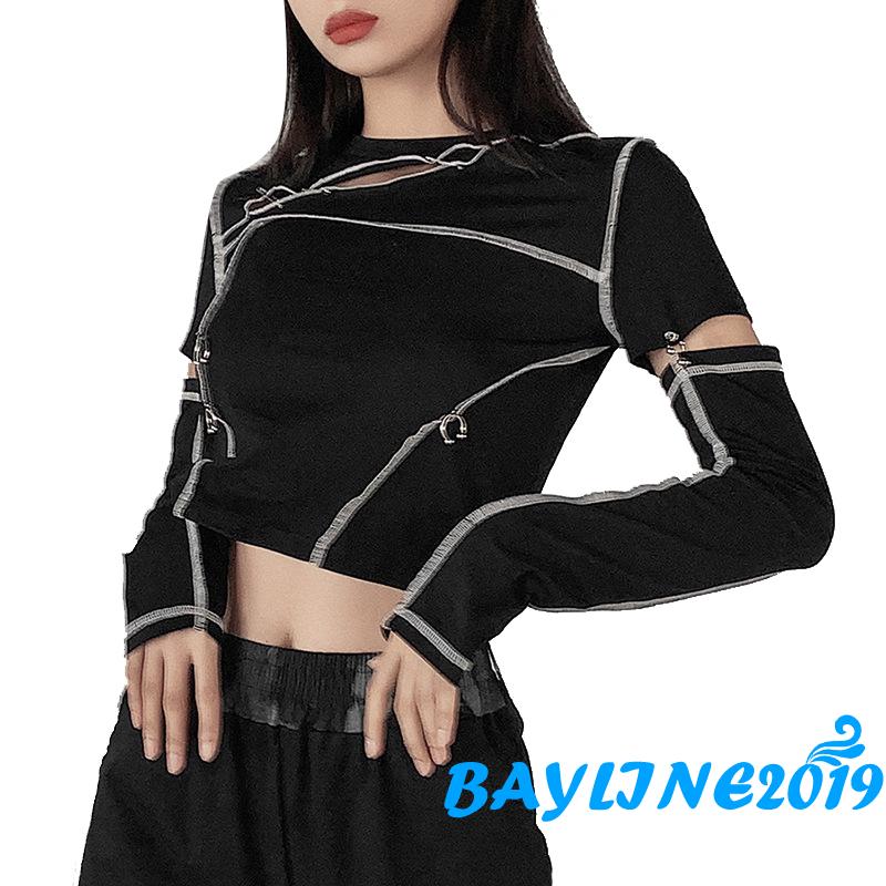 Áo croptop dài tay phối đường chỉ khác màu phong cách cá tính thời trang cho nữ