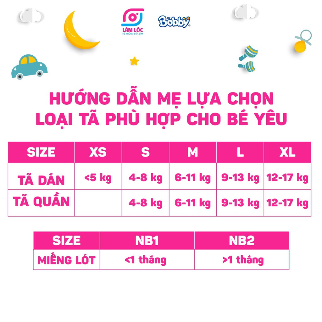 Bỉm dán Bobby, tã dán Bobby size NB1(64M),NB2(60M),XS42,S88,M48,L68,XL62 (2 bịch tặng 1 khăn ướt,3 bịch tặng 2 khăn ướt)