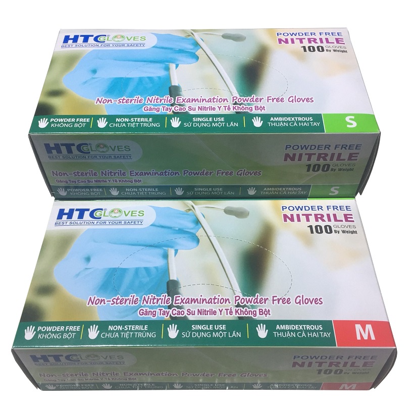 Bao tay y tế không bột HTC cao su Nitrile size S, M 100 cái/hộp.