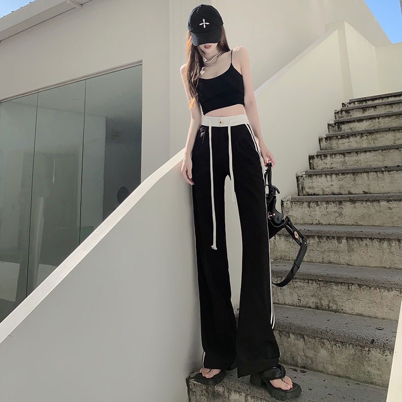 Quần Dài Thể Thao Nữ Dáng Rộng Cạp Cao Dây Rút Ống Suông Kẻ Sọc Thời Trang Sugal QUAN NU 040V8