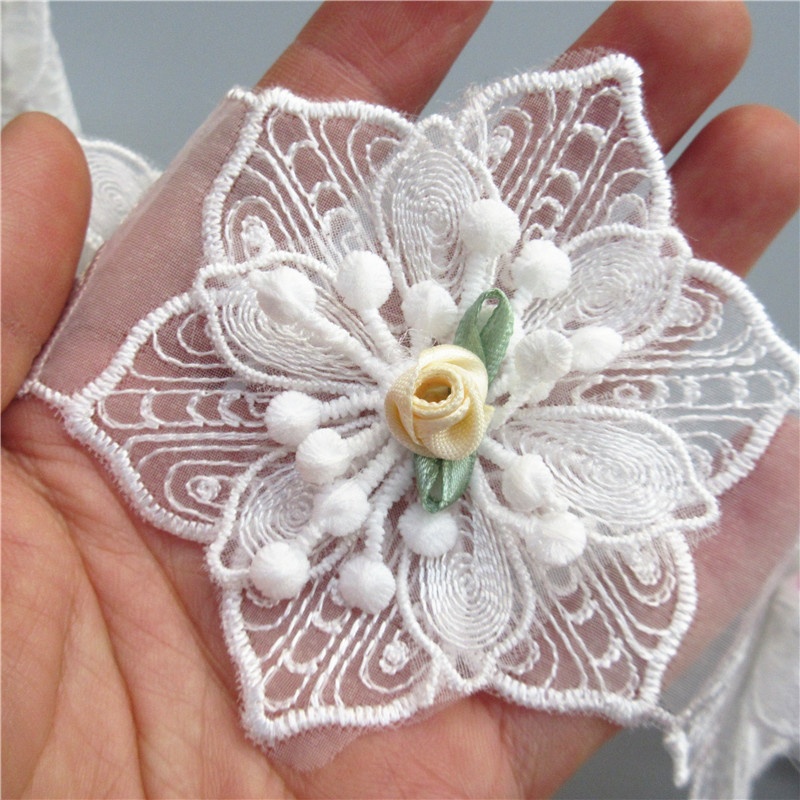 Cuộn Dây Ruy Băng Vải Ren Cotton Rộng 8cm Thêu Hoa Lục Giác 3D Dài 1 Yard Dùng May Trang Phục Thủ Công