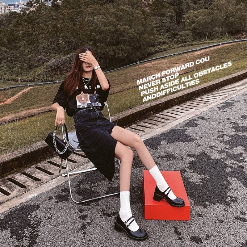 Giày lolita đế cao 5P da bóng , giày cao gót đáng yêu hai quai ngang phong cách ulzzang