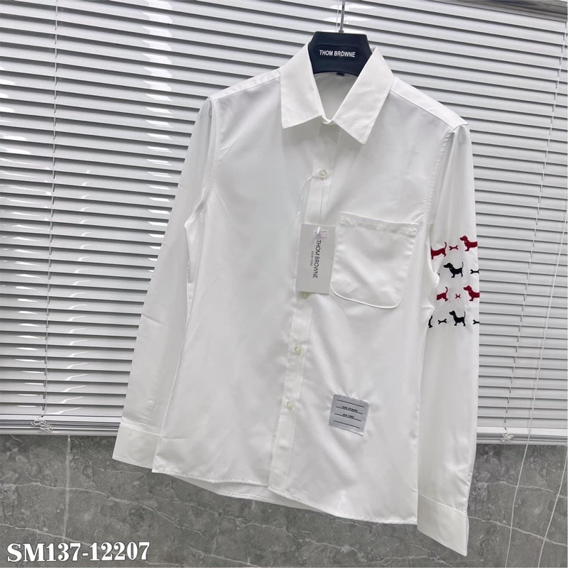 Áo Sơ Mi Dài Tay Nam Thom Tay Thêu Hình Cún Xương Đen Đỏ