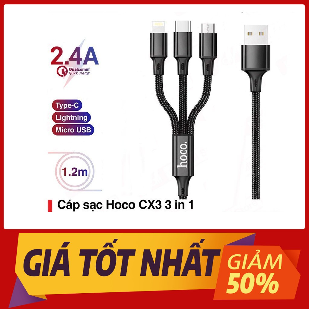 Cáp sạc  đa năng nhiều đầu cắm Cáp Sạc Dù 3 đầu Hoco DU02 cao cấp 1 lightning - 1 Type C - 1 Micro tiện lợi