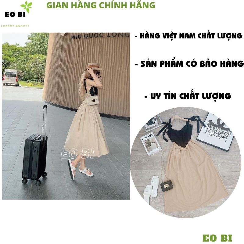 Đầm Maxi 2 Dây Ngực Trái Tim Lưng Chun - Váy Nữ Dáng Dài Vải Đũi Phối Màu đi biển đi chơi bồng bềnh - EOBISHOP