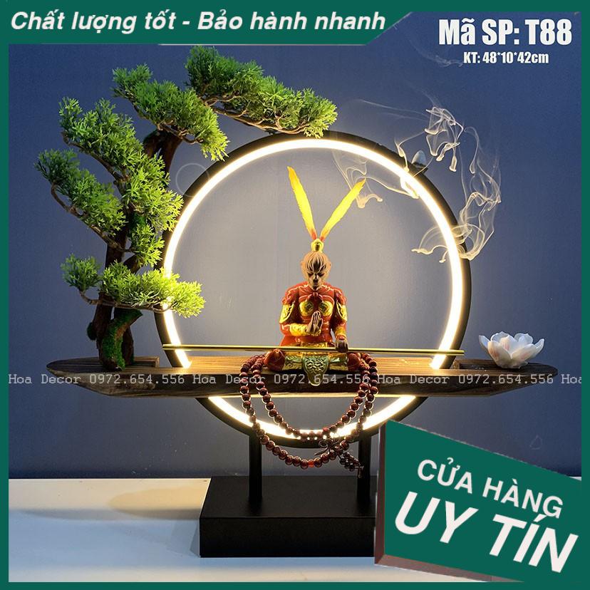 Bộ tượng Tôn Ngộ Không tọa thiền dưới gốc tùng - Có vòng đèn led tỏa ánh hào quang - Có thể đặt trầm nụ T88