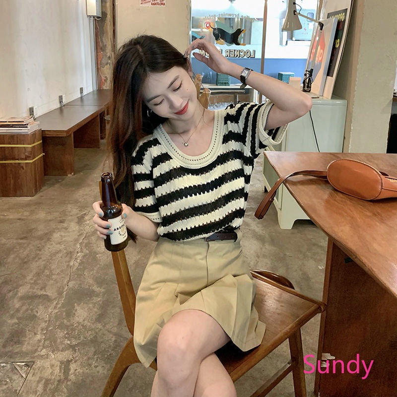 Áo Dệt Kim Cổ Tròn Dáng Rộng Họa Tiết Kẻ Sọc Thời Trang Mùa Hè Cho Nữ