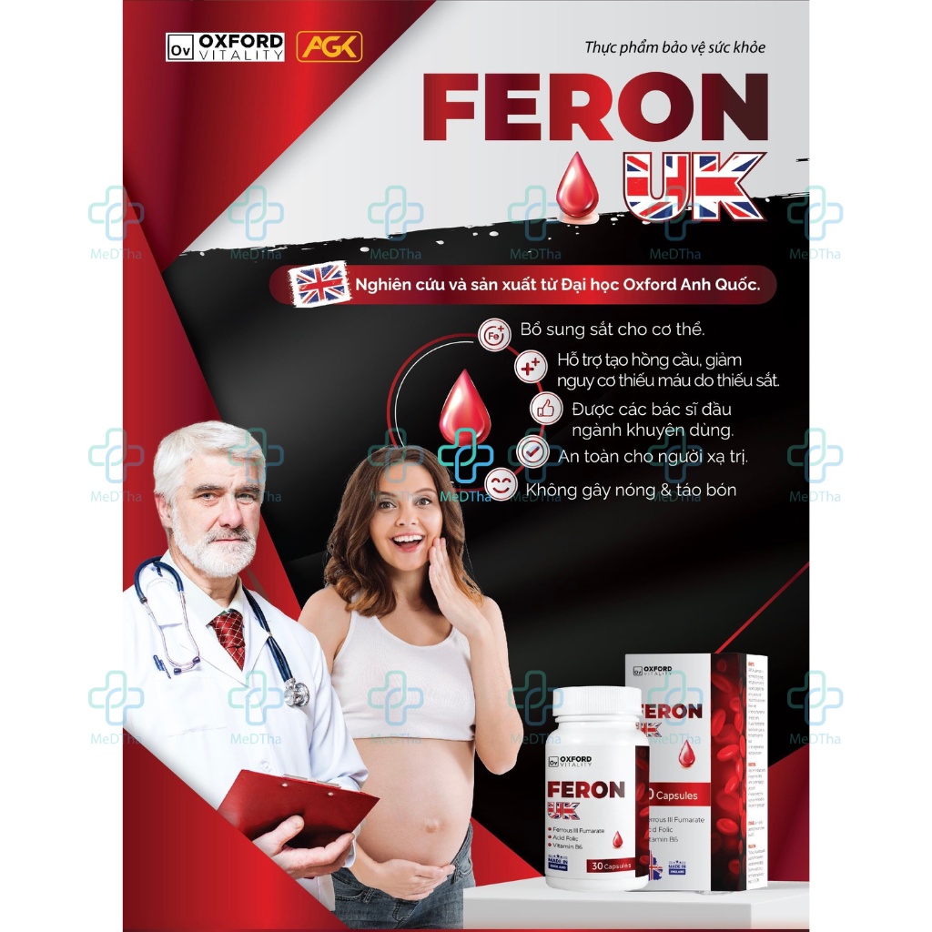 Viên Bổ Sắt Feron UK - Bổ Sung Sắt, Acid Folic, Vitamin B6, Sắt Cho Bà Bầu, Thiếu Máu (Lọ 30 Viên) [Chính Hãng]