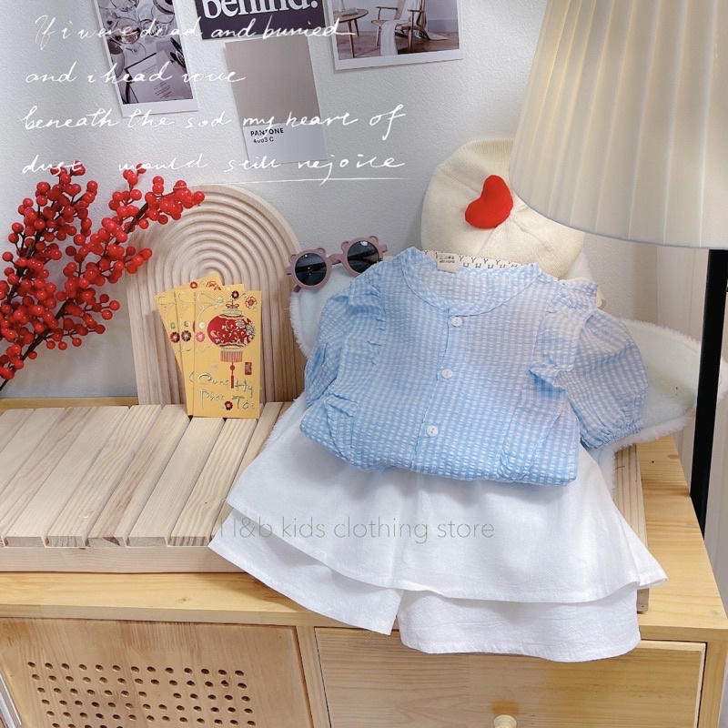 Bộ Quần Áo Bé Gái Thiết Kế chất thô đũi mềm đẹp❤quần váy trắng +áo kẻ xanh siêu xinh