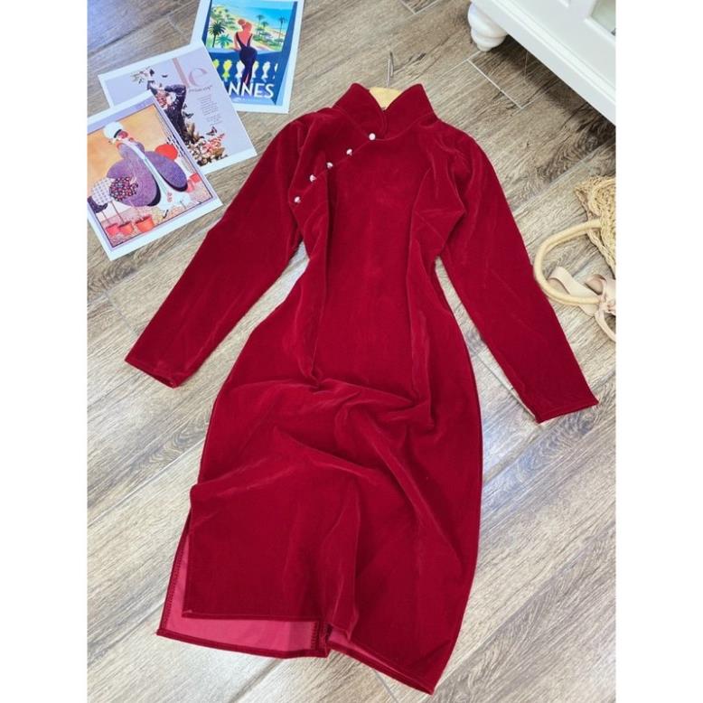 VIP Đầm thiết kế đầm tết nhung sườn xám vải nhung 2 da tết thêm rực rỡ, mặc dự tiệc dạo phố cực xinh[SƯỜN XÁM DÀI]