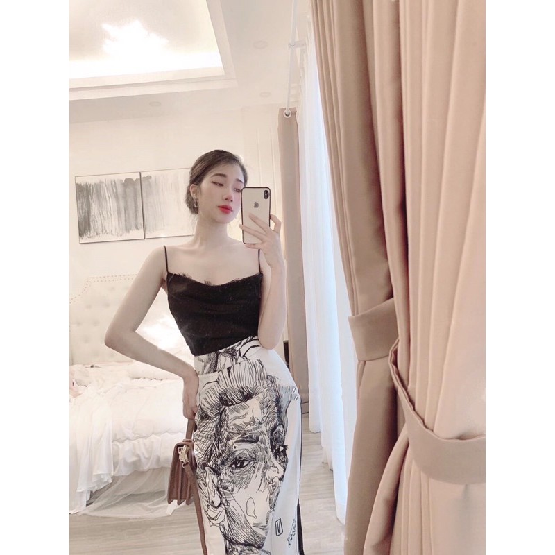 ⚡️BÁN SỈ⚡️Set áo 2 dây cổ ren kèm chân váy hoạ tiết đen trắng | BigBuy360 - bigbuy360.vn