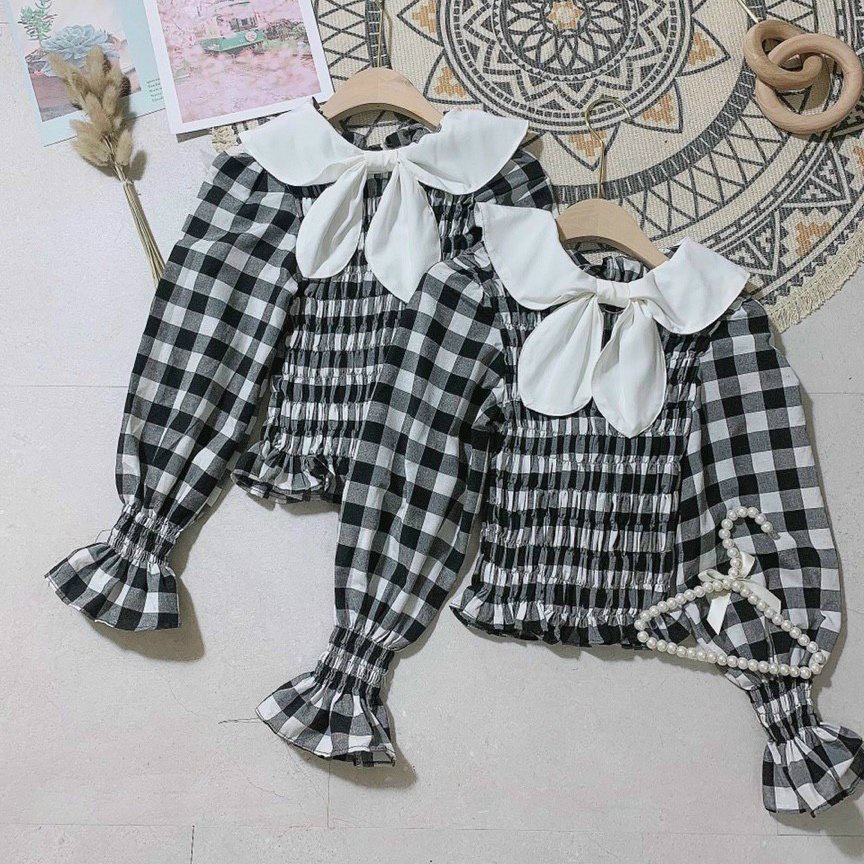 Áo kiểu nữ, áo nữ caro đen trắng phối nơ sọc caro đủ size S M L SKUA-18